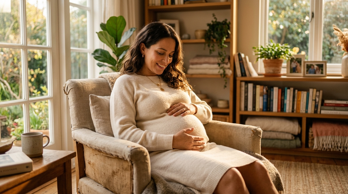 Gestante sorrindo sentada numa poltrona, com as mãos na barriga