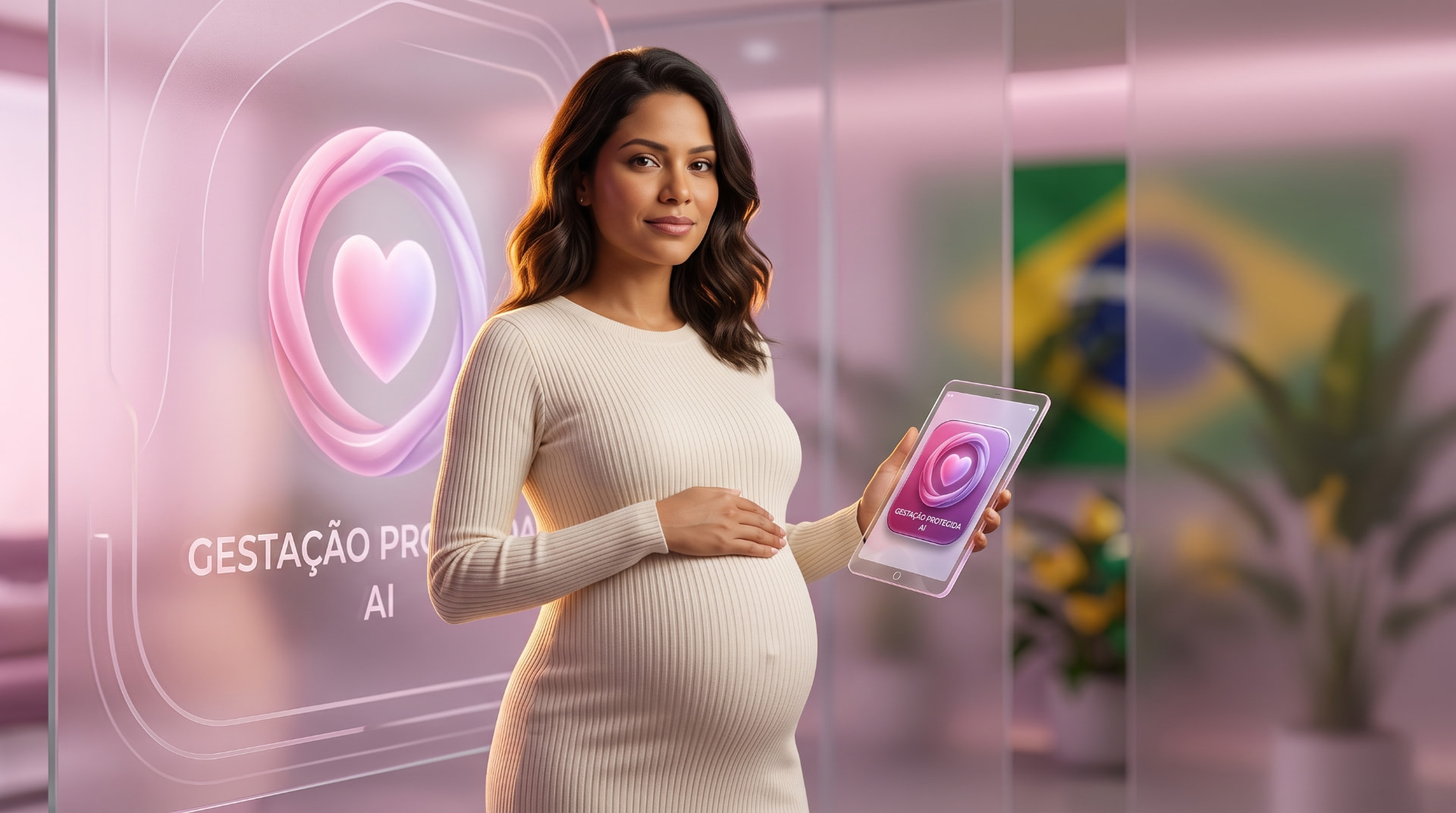 Gestante segurando celular com o aplicativo Gestação Protegida AI aberto