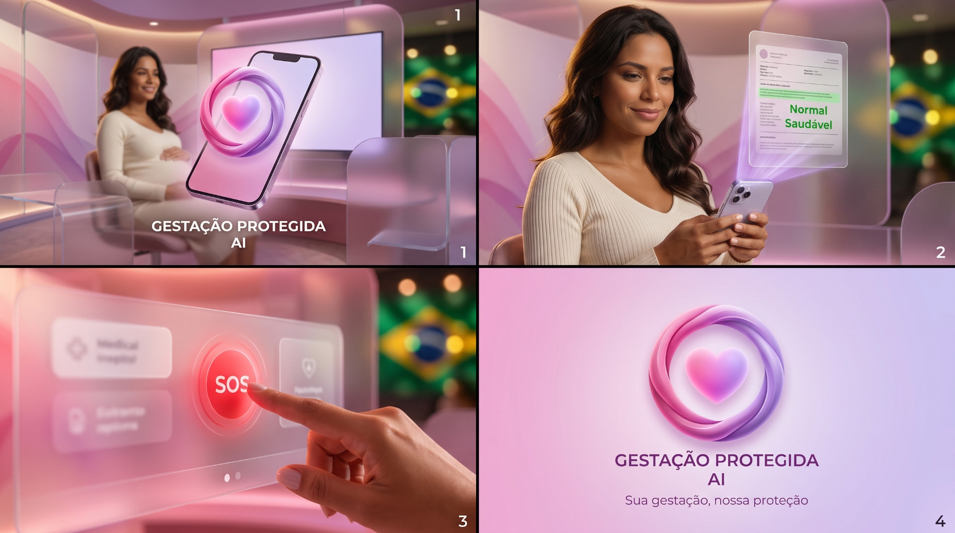 Quatro cenas do aplicativo: gestante com o celular, resultado de exame saudável, botão SOS e logotipo